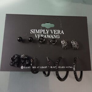 VERA WANG 6p SET Goth Gunmetal Black Ball/Black Crystal Stud & Hoop Earrings~NEW